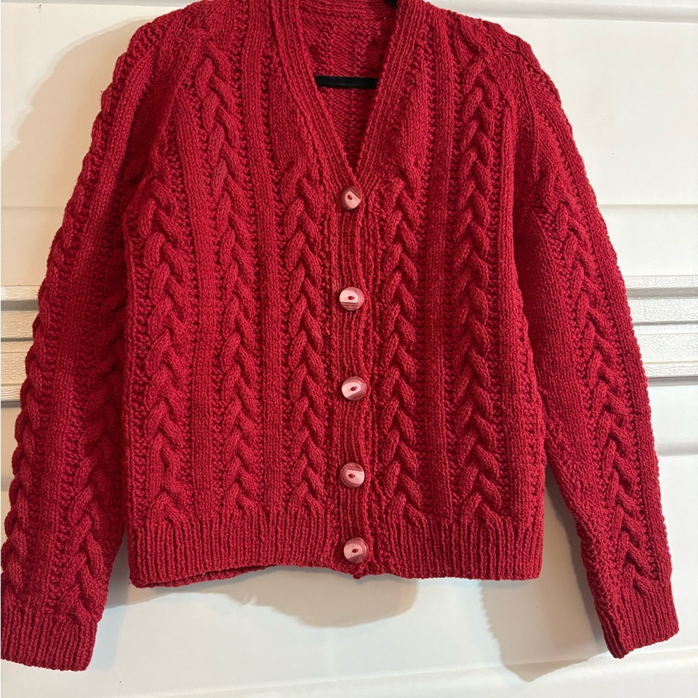 Vintage thick acrylic hand knit Red Cable Knit Women's Sweater med/large
